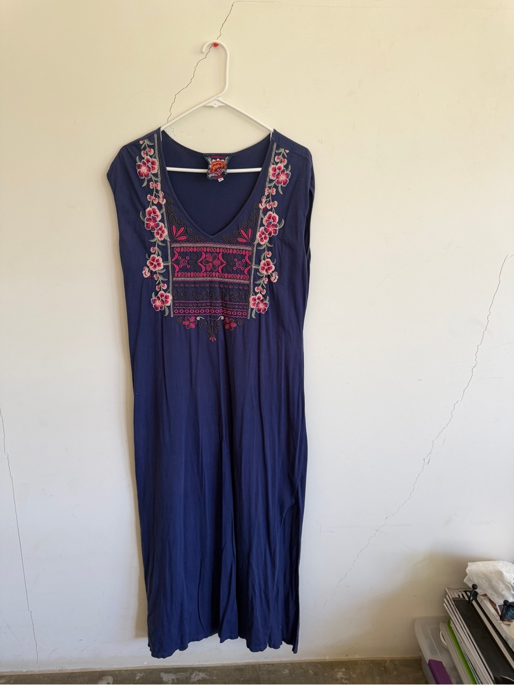 Johnny Was Navy Maxi Dress with Pink Floral Embroidery